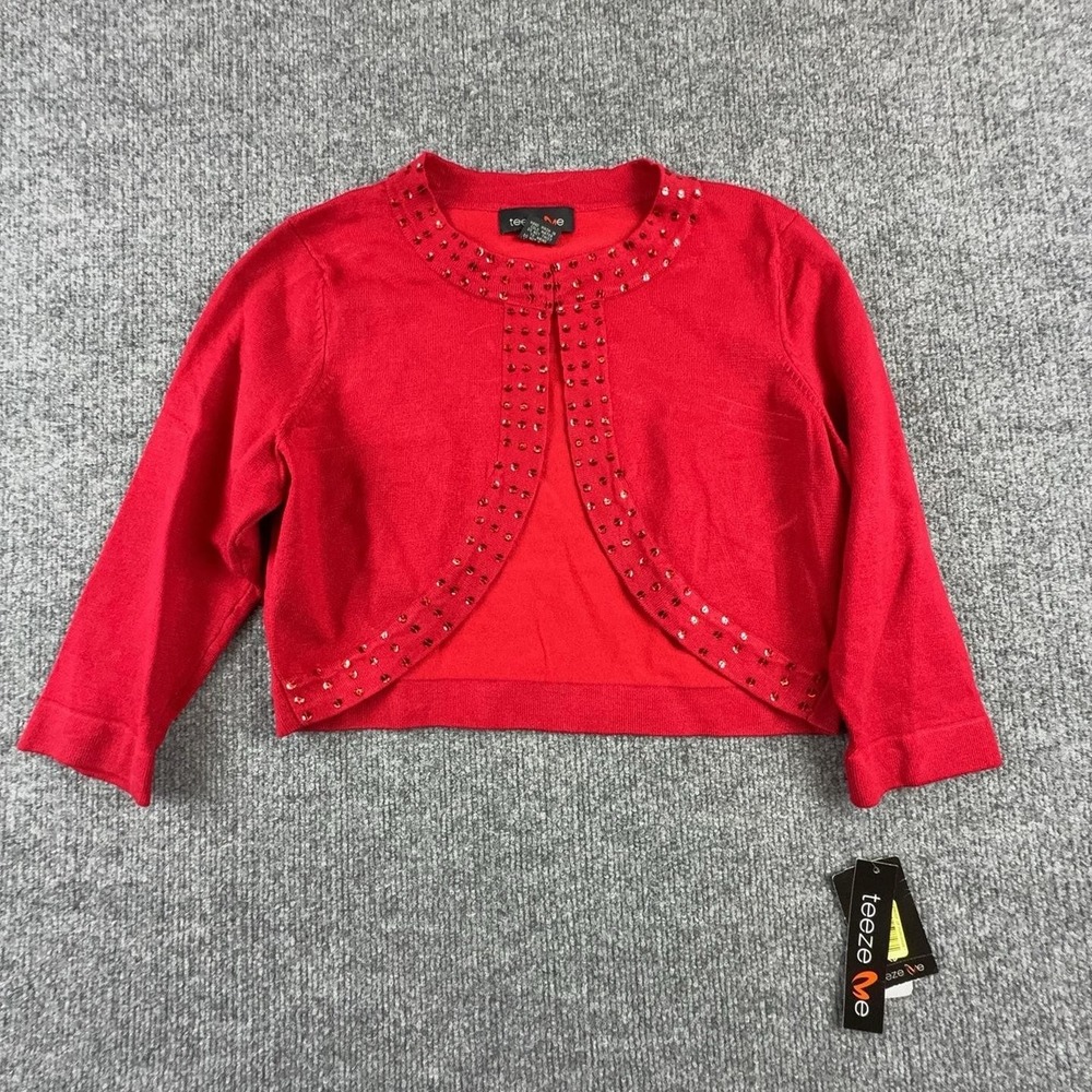 Teeze Me Cardigan Sweater Women Small Red Rhinestone Open Front Cropped SWI021